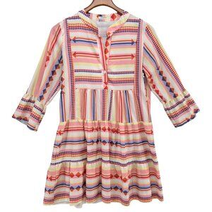 Sunday Up Mini Dress Multicolor Tribal Print 3/4 Sleeve Pleated Size S